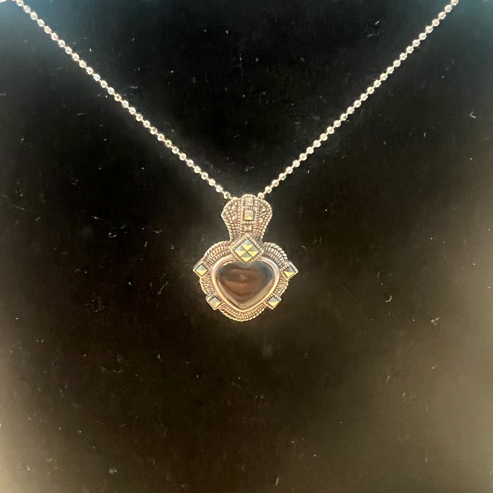 Marasite and Onyx Sterling Heart Pendant
